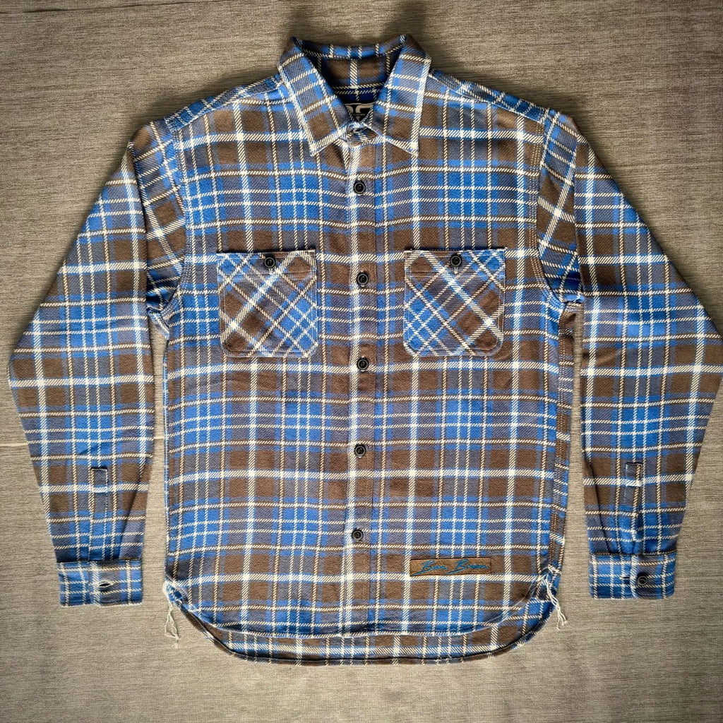 Blue & Brown Plaid Flannel Shirt with Embroidered “B”