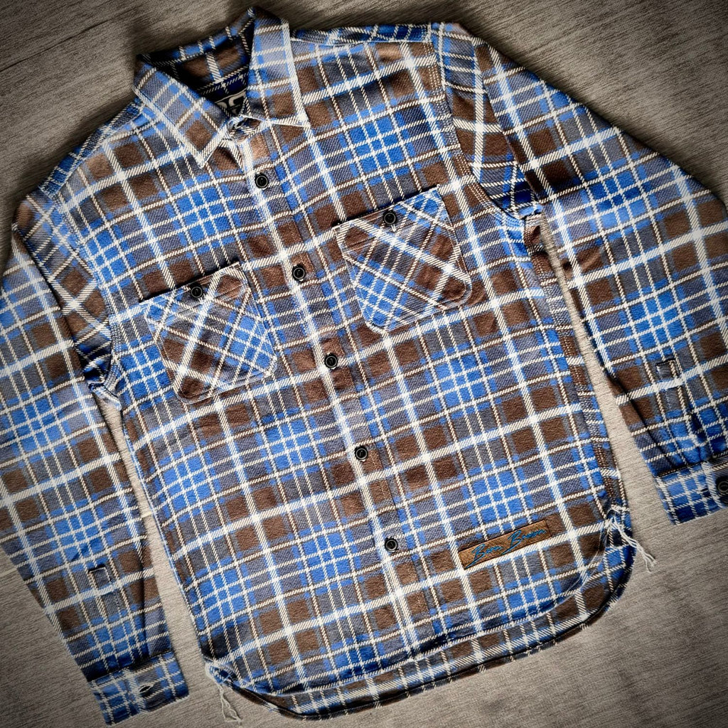 Blue & Brown Plaid Flannel Shirt with Embroidered “B”
